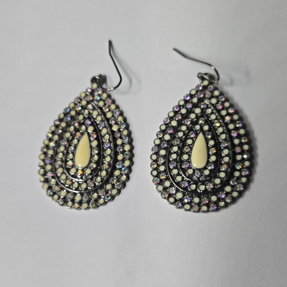 Black Gray Tone Purple Rhinestoned Tan Enamel Teardrop Earrings - Picture 13 of 15